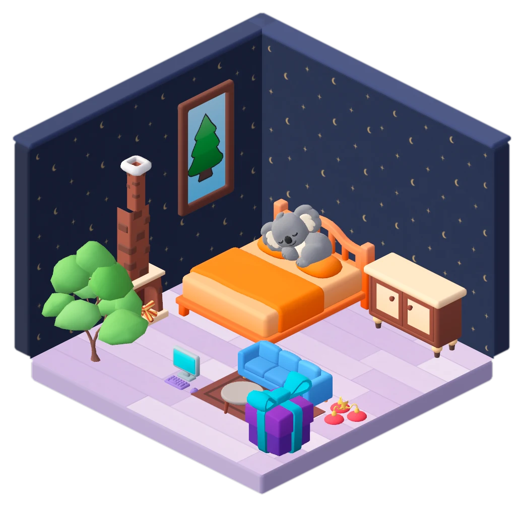 A fully furnished room with the koala asleep in bed